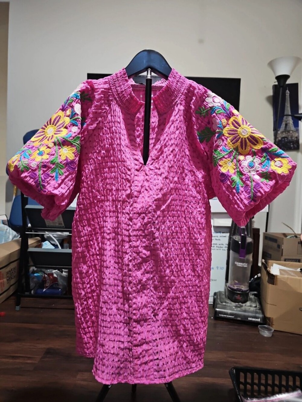 Women's' Vibrant Pink Embroidered Puff-Sleeve Dress